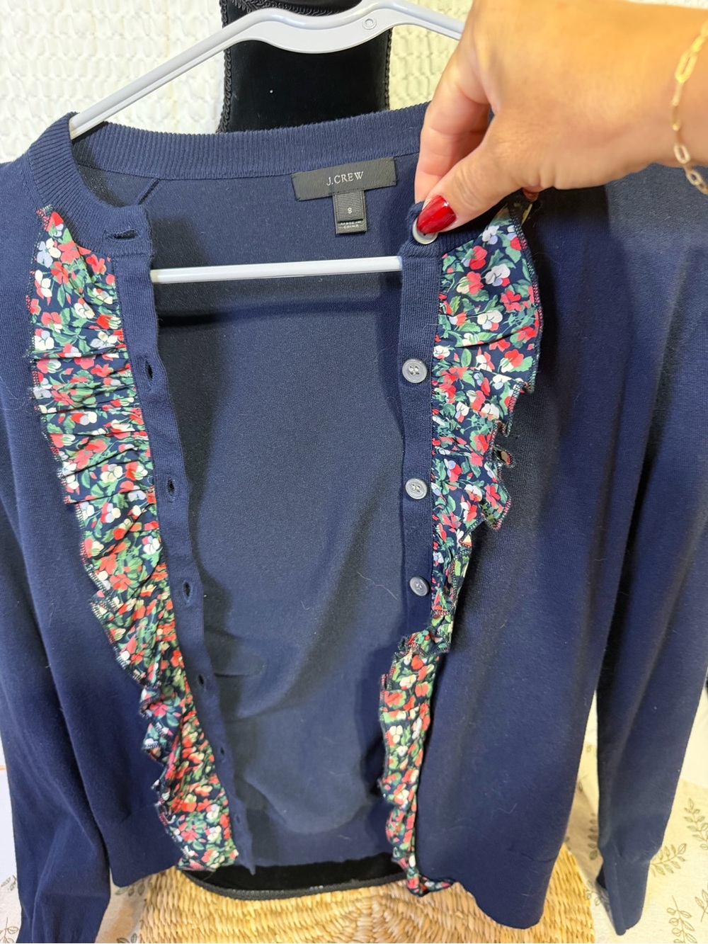 J. Crew Navy Cardigan with Floral Ruffle Trim